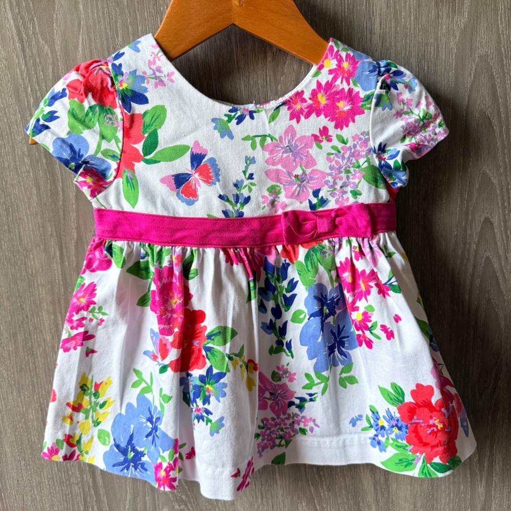 Hartstrings Floral Butterfly Dress Baby Girls 12M White Pink Cottagecore Summer